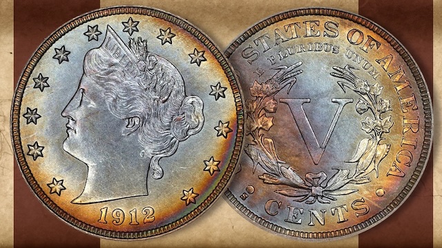Side-by-side comparison of 1912 Philadelphia nickel (no mint mark) versus 1912-S nickel showing S mint mark below CENTS on reverse