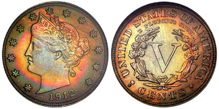 Group of 1912 Liberty Head Nickels from all three mints — Philadelphia, Denver, and San Francisco — showing mint marks