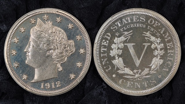 1912 Liberty Nickel grading strip showing four condition tiers from Good through Mint State in a horizontal row